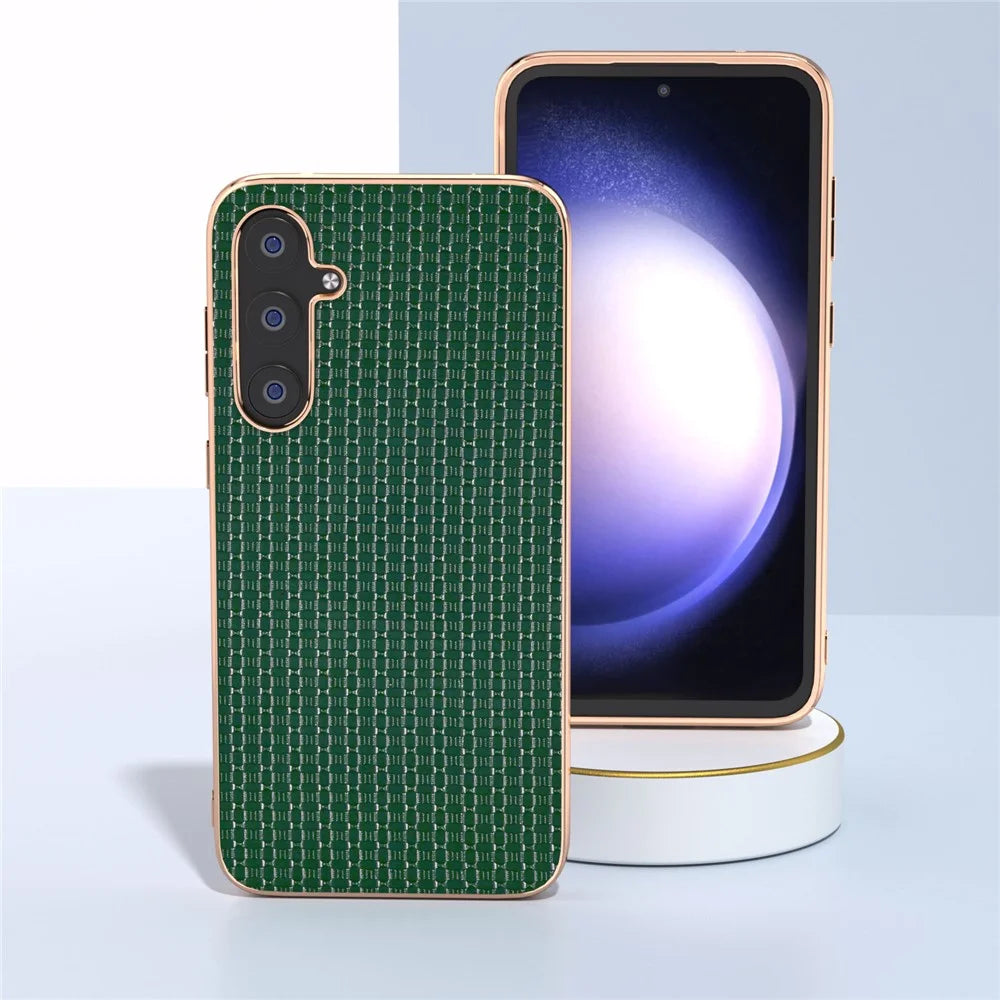 For Samsung Galaxy S23 FE Nano Electroplating Phone Case Textured Cowhide Leather Coated TPU+PC Cover - Green - 2