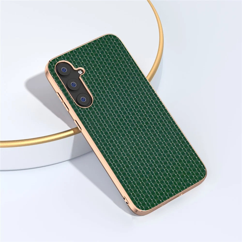 For Samsung Galaxy S23 FE Nano Electroplating Phone Case Textured Cowhide Leather Coated TPU+PC Cover - Green - 3