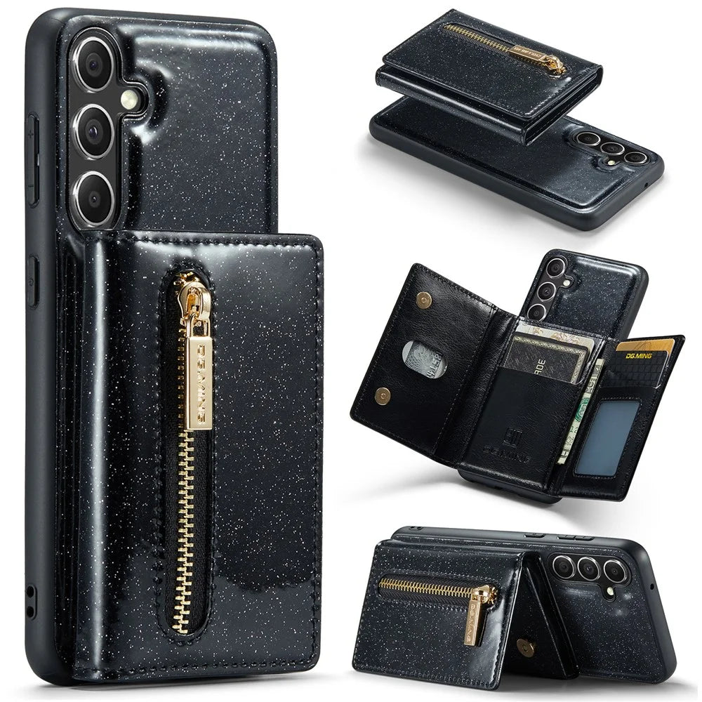 DG.MING M3 Series For Samsung Galaxy S23 FE Kickstand Phone Case Glittery Leather Coated PC+TPU Cover with Detachable Wallet - Black - 1