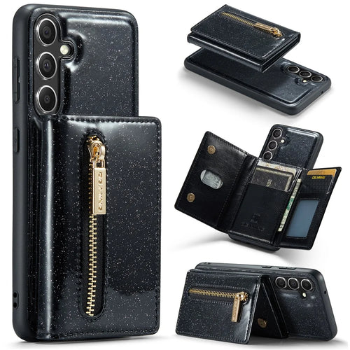 DG.MING M3 Series For Samsung Galaxy S23 FE Kickstand Phone Case Glittery Leather Coated PC+TPU Cover with Detachable Wallet - Black - 1