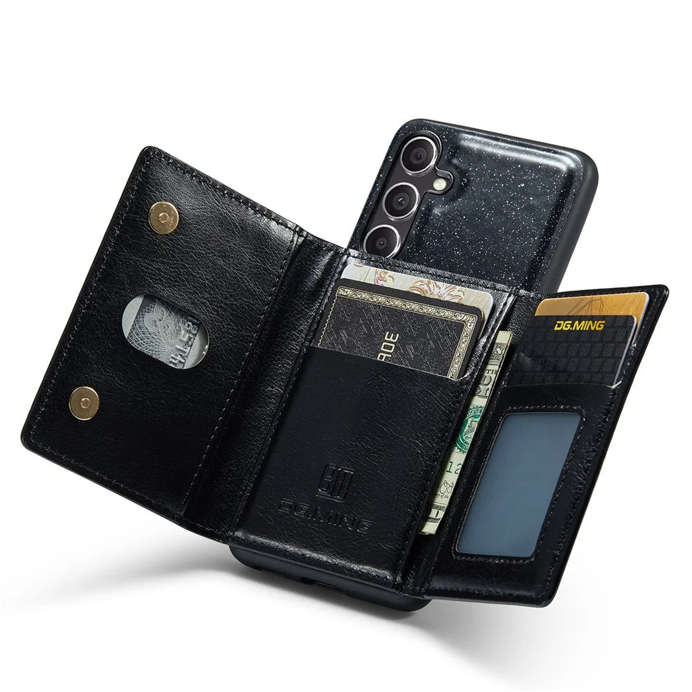 DG.MING M3 Series For Samsung Galaxy S23 FE Kickstand Phone Case Glittery Leather Coated PC+TPU Cover with Detachable Wallet - Black - 2