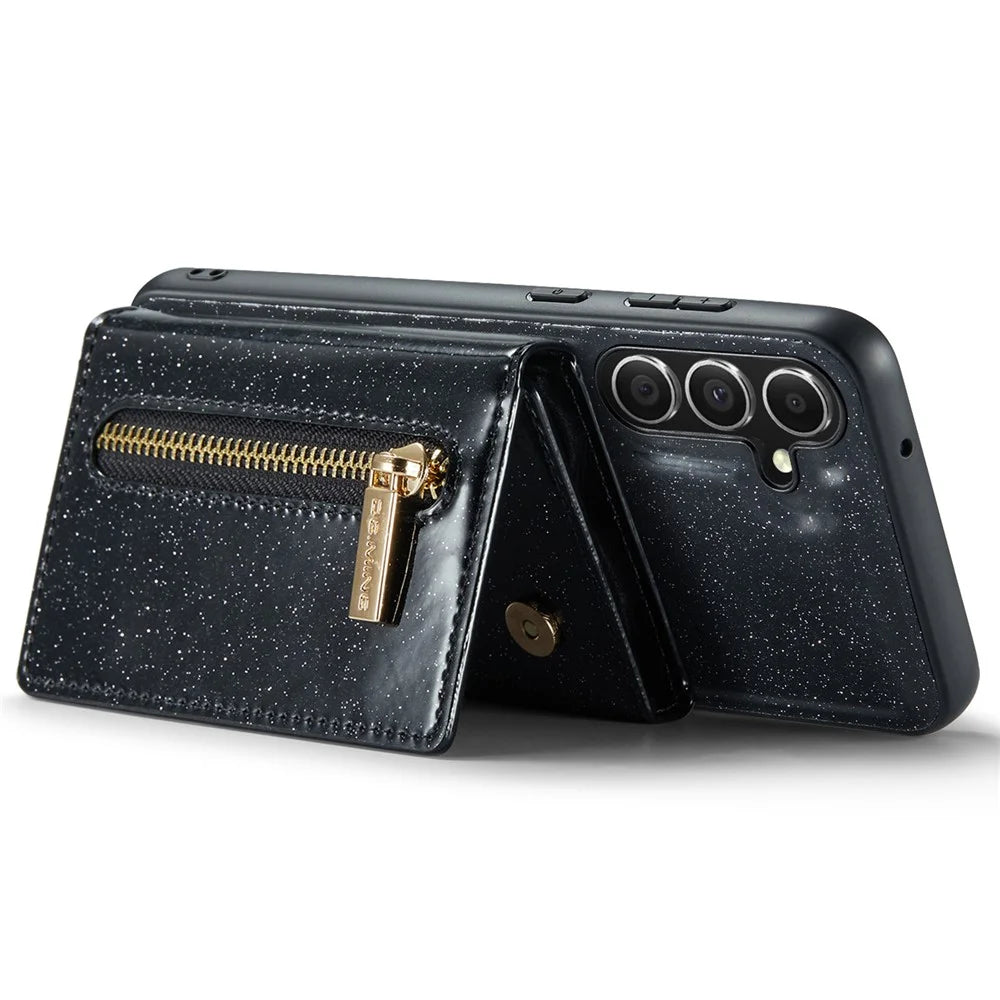 DG.MING M3 Series For Samsung Galaxy S23 FE Kickstand Phone Case Glittery Leather Coated PC+TPU Cover with Detachable Wallet - Black - 4