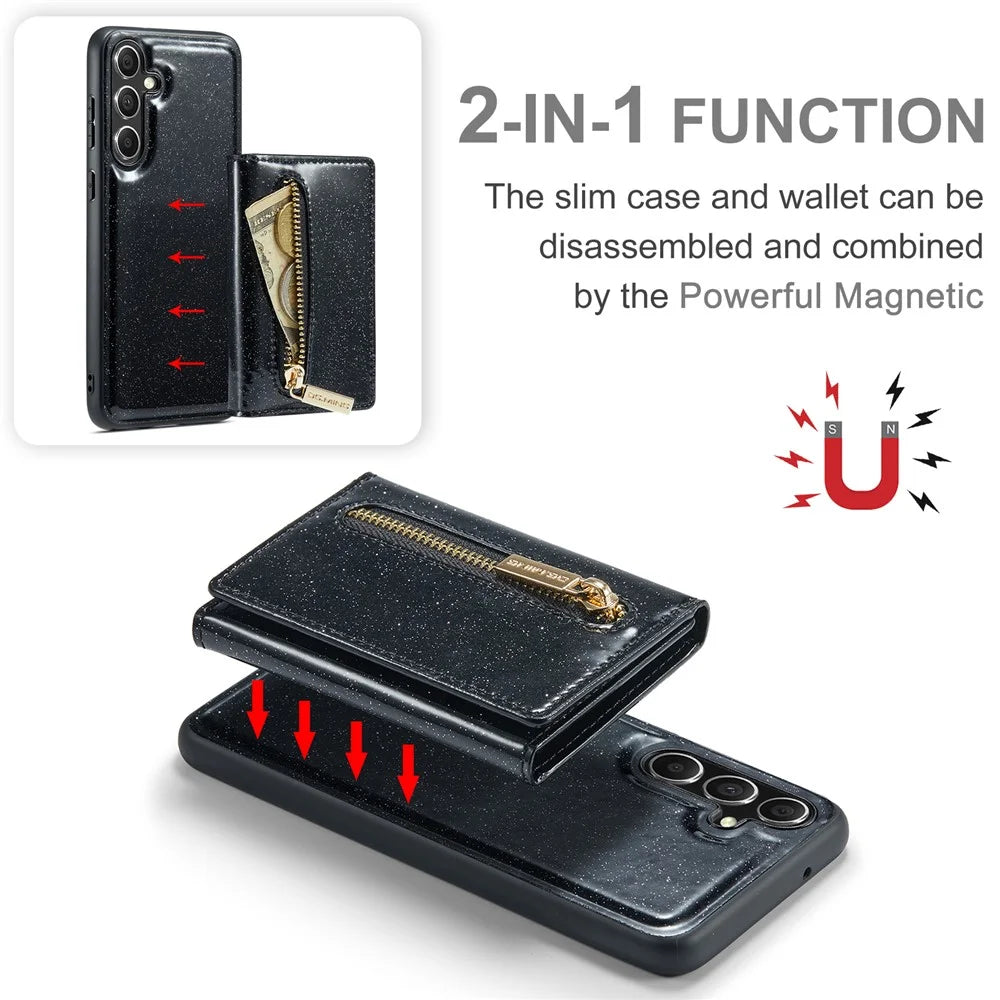 DG.MING M3 Series For Samsung Galaxy S23 FE Kickstand Phone Case Glittery Leather Coated PC+TPU Cover with Detachable Wallet - Black - 5