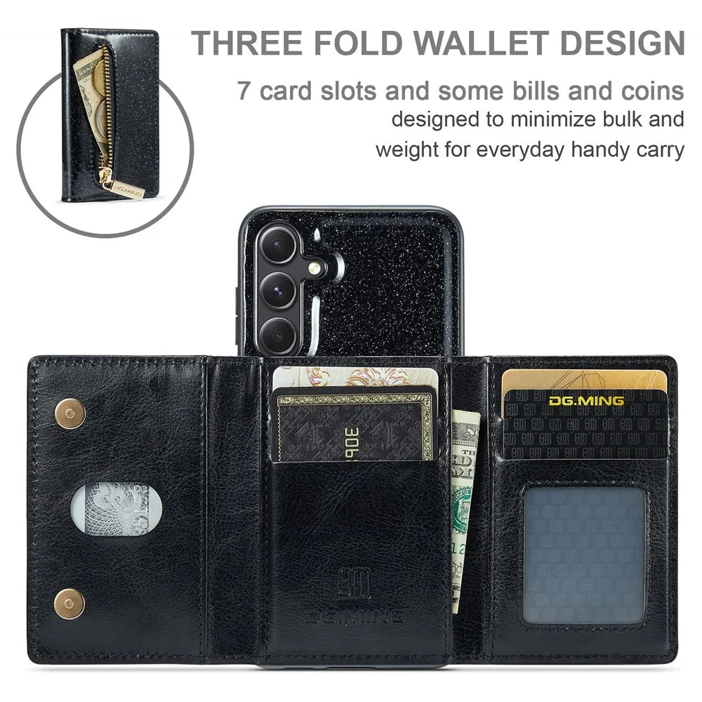 DG.MING M3 Series For Samsung Galaxy S23 FE Kickstand Phone Case Glittery Leather Coated PC+TPU Cover with Detachable Wallet - Black - 6