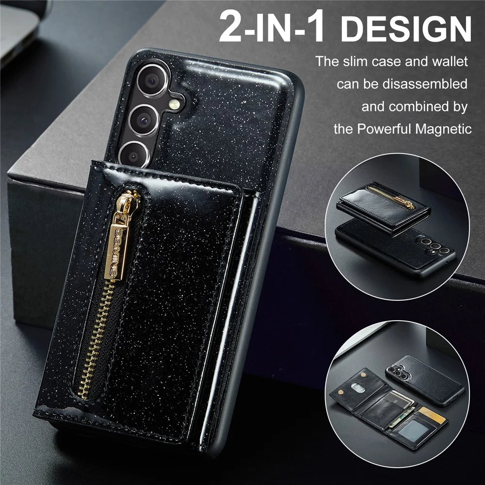 DG.MING M3 Series For Samsung Galaxy S23 FE Kickstand Phone Case Glittery Leather Coated PC+TPU Cover with Detachable Wallet - Black - 7