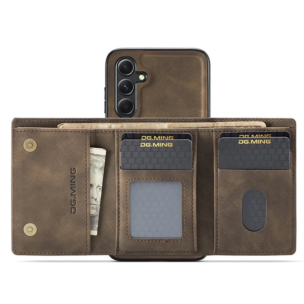 DG.MING M1 Series for Samsung Galaxy S23 FE Leather Coated TPU+PC Phone Case Kickstand Detachable Wallet Cover - Coffee - 2