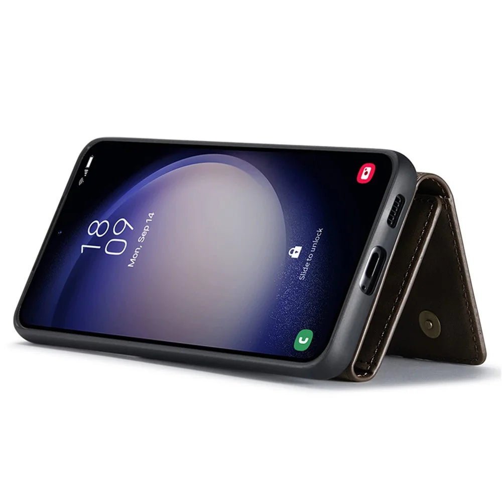 DG.MING M1 Series for Samsung Galaxy S23 FE Leather Coated TPU+PC Phone Case Kickstand Detachable Wallet Cover - Coffee - 3