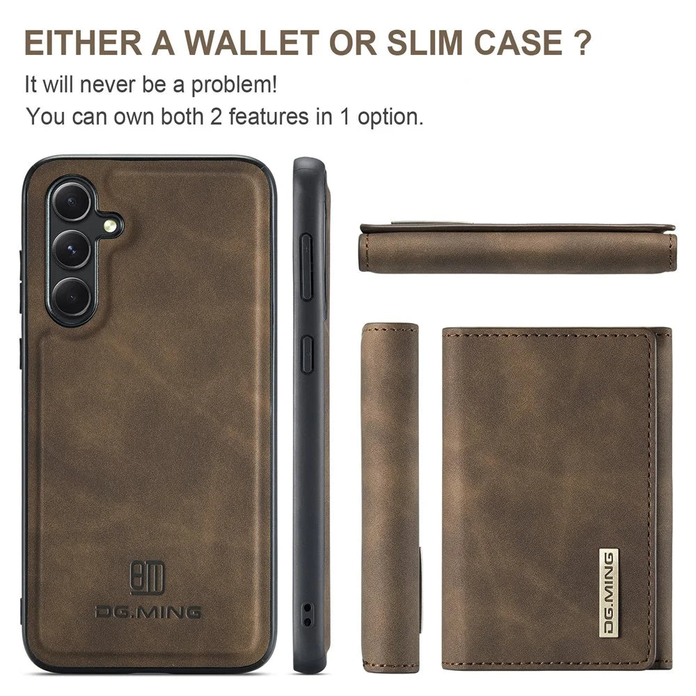 DG.MING M1 Series for Samsung Galaxy S23 FE Leather Coated TPU+PC Phone Case Kickstand Detachable Wallet Cover - Coffee - 5