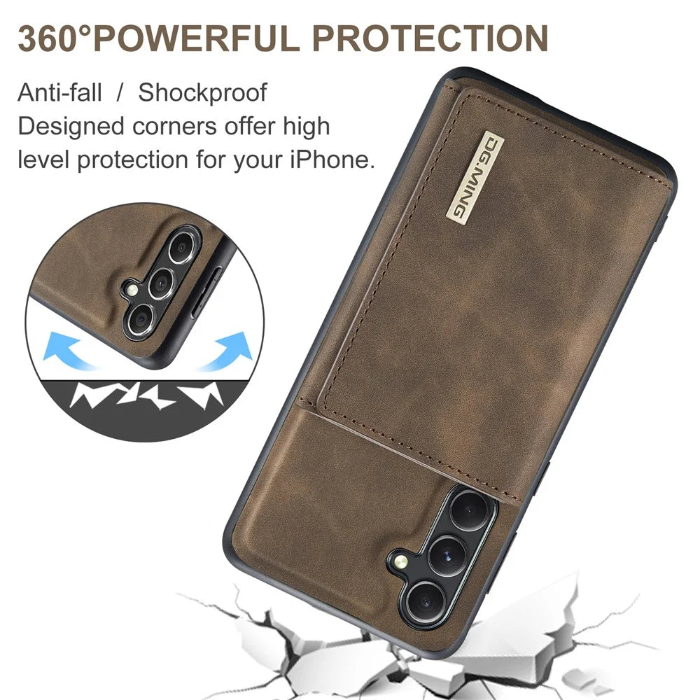 DG.MING M1 Series for Samsung Galaxy S23 FE Leather Coated TPU+PC Phone Case Kickstand Detachable Wallet Cover - Coffee - 6