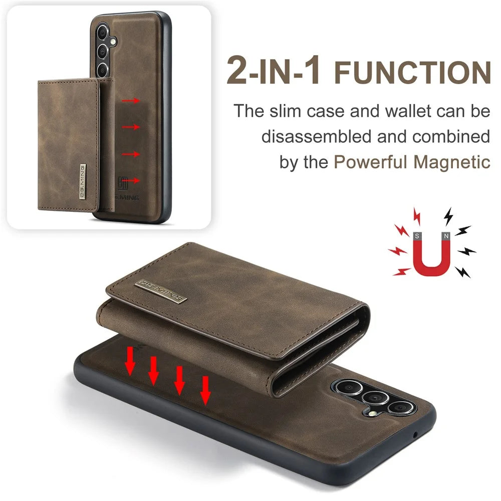 DG.MING M1 Series for Samsung Galaxy S23 FE Leather Coated TPU+PC Phone Case Kickstand Detachable Wallet Cover - Coffee - 7