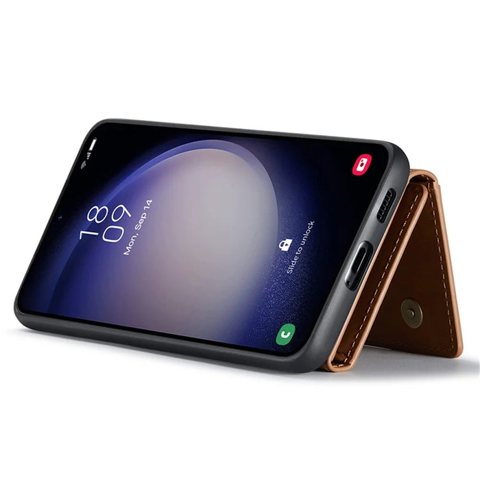DG.MING M2 Series for Samsung Galaxy S23 FE Detachable Wallet Phone Case Kickstand Leather Coated TPU+PC Cover - Brown - 3