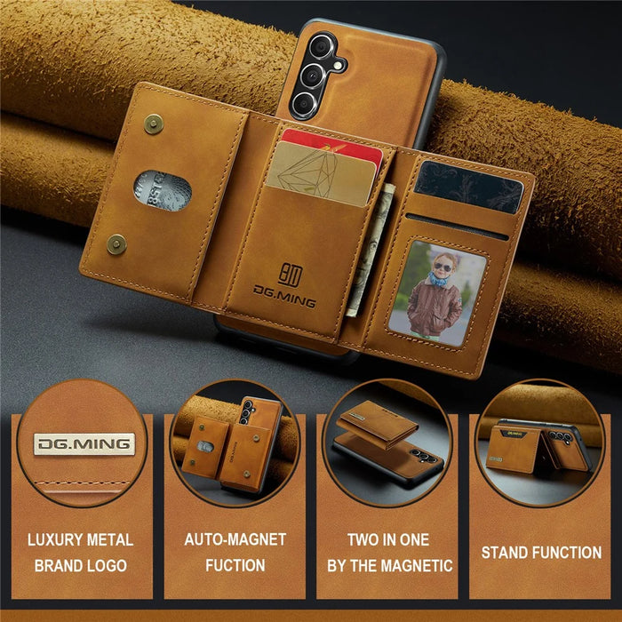 DG.MING M2 Series for Samsung Galaxy S23 FE Detachable Wallet Phone Case Kickstand Leather Coated TPU+PC Cover - Brown - 6
