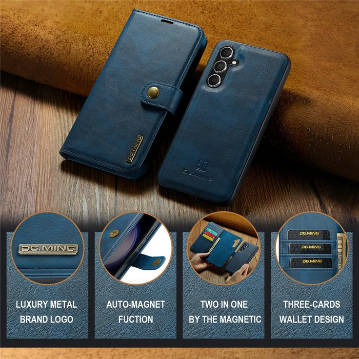 DG.MING for Samsung Galaxy S23 FE Detachable Phone Cover Split Leather Wallet Stand Phone Case - Blue - 5