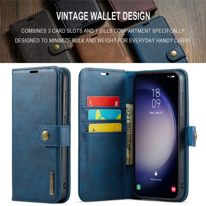 DG.MING for Samsung Galaxy S23 FE Detachable Phone Cover Split Leather Wallet Stand Phone Case - Blue - 7