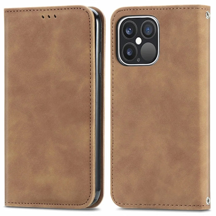 For iPhone 15 Pro Retro Shockproof Leather Stand Phone Case Skin-touch Card Holder Cover - Brown - 1