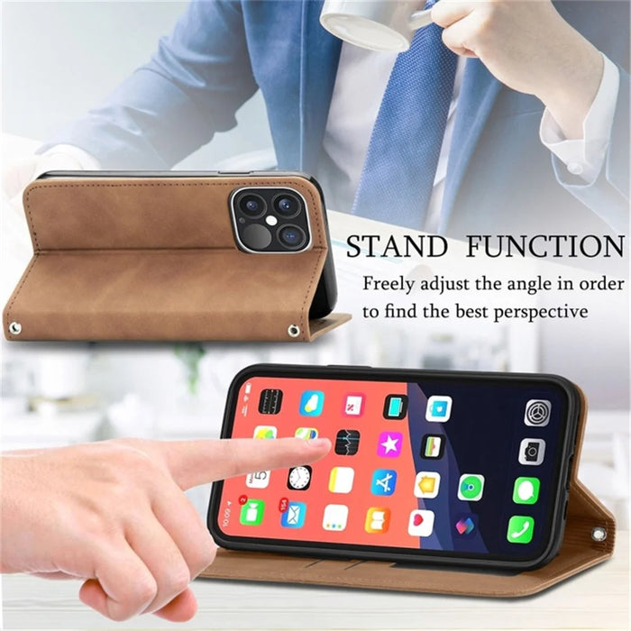 For iPhone 15 Pro Retro Shockproof Leather Stand Phone Case Skin-touch Card Holder Cover - Brown - 3