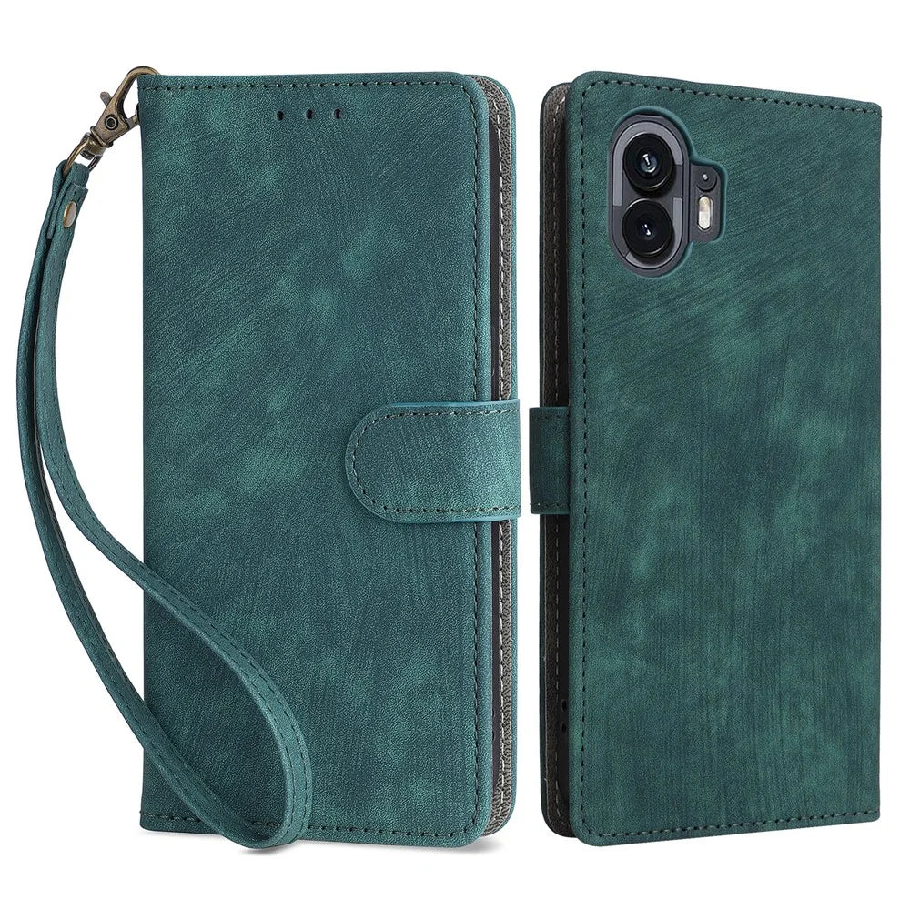 For Nothing Phone (2) Anti-drop Phone Case RFID Blocking Leather Wallet Stand Cover with Strap - Green - 1