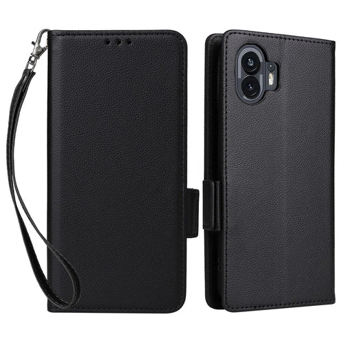 For Nothing Phone (2) Wallet PU Leather Phone Case Litchi Texture Stand Phone Cover with Strap - Black - 1