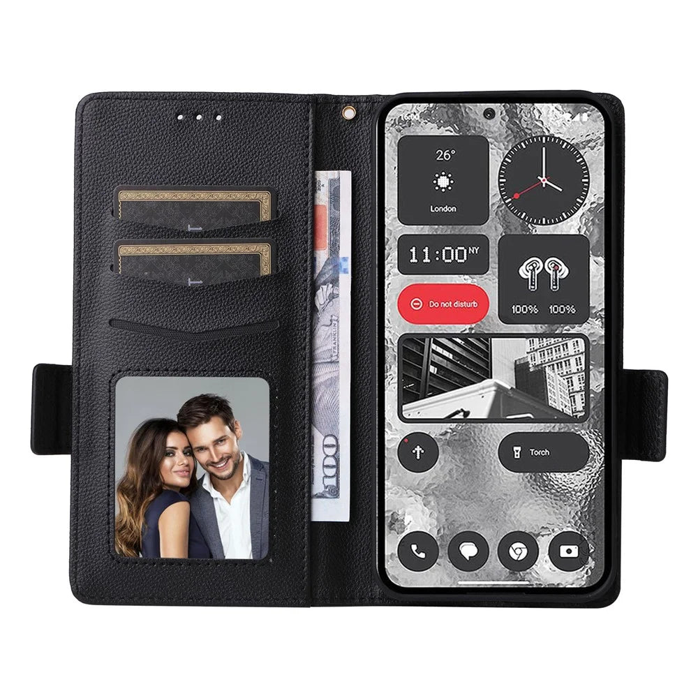 For Nothing Phone (2) Wallet PU Leather Phone Case Litchi Texture Stand Phone Cover with Strap - Black - 2