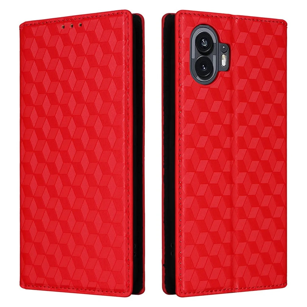 For Nothing Phone (2) Rhombus Imprinted Shockproof Cover PU Leather Wallet Stand Phone Case - Red - 1