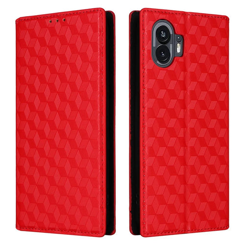 For Nothing Phone (2) Rhombus Imprinted Shockproof Cover PU Leather Wallet Stand Phone Case - Red - 1