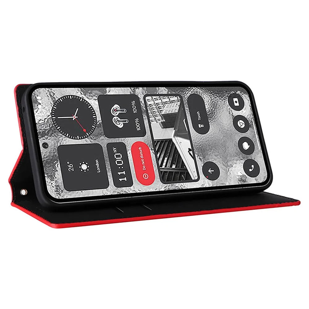 For Nothing Phone (2) Rhombus Imprinted Shockproof Cover PU Leather Wallet Stand Phone Case - Red - 3