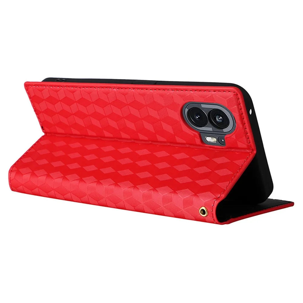 For Nothing Phone (2) Rhombus Imprinted Shockproof Cover PU Leather Wallet Stand Phone Case - Red - 4