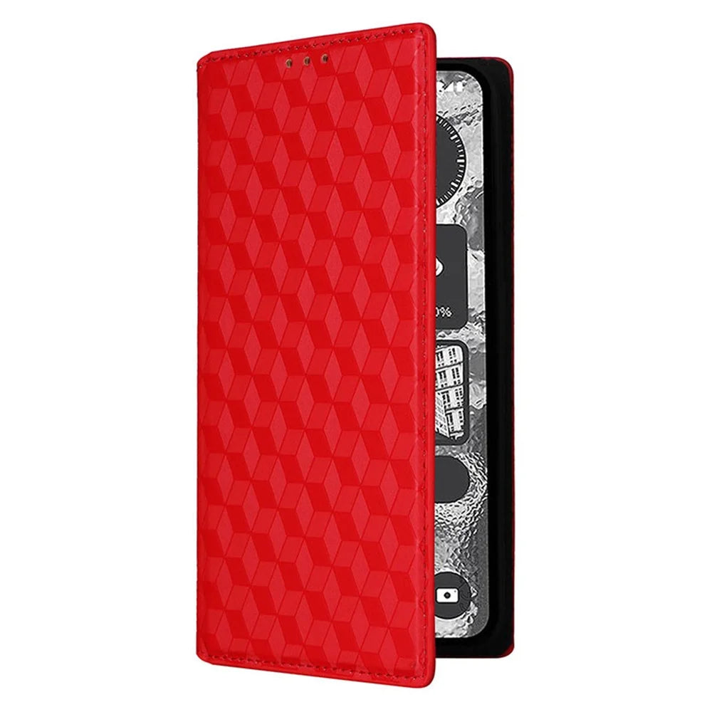 For Nothing Phone (2) Rhombus Imprinted Shockproof Cover PU Leather Wallet Stand Phone Case - Red - 7