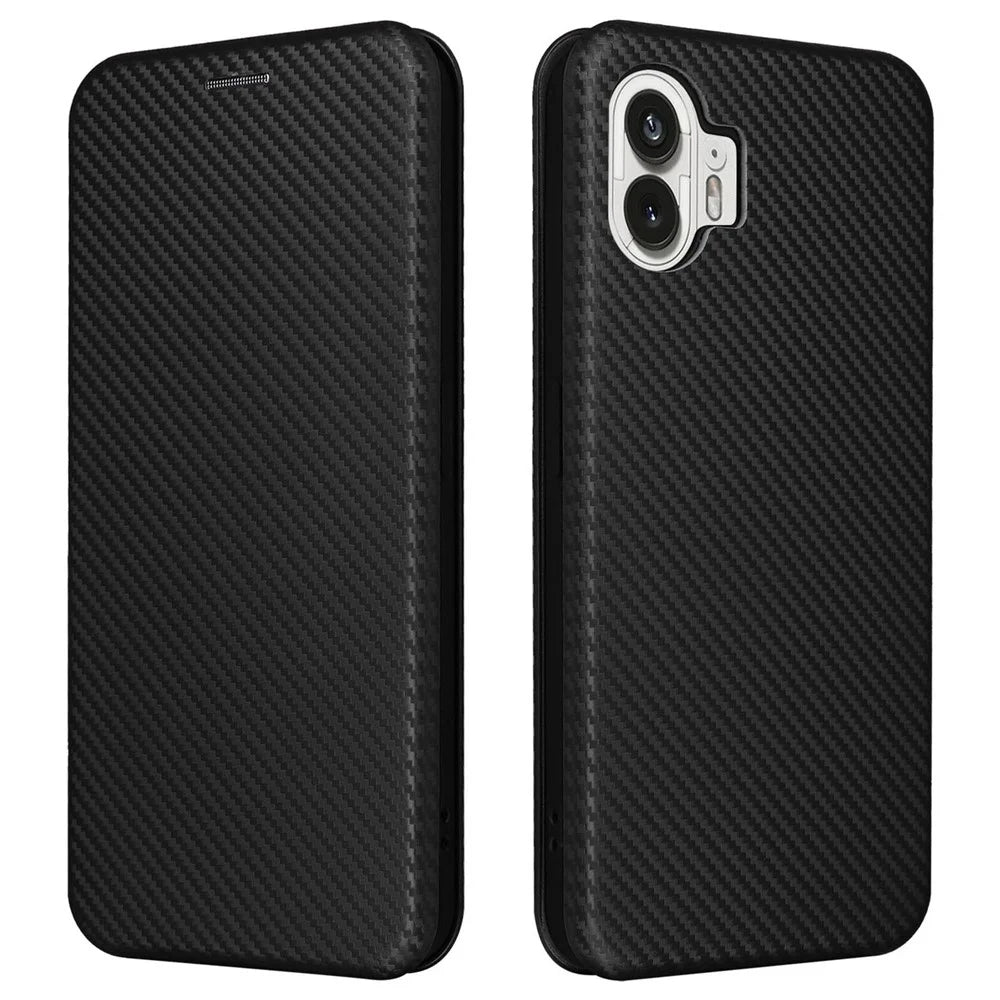 For Nothing Phone (2) Carbon Fiber Texture Phone Case Card Holder Leather Stand Cover - Black - 1