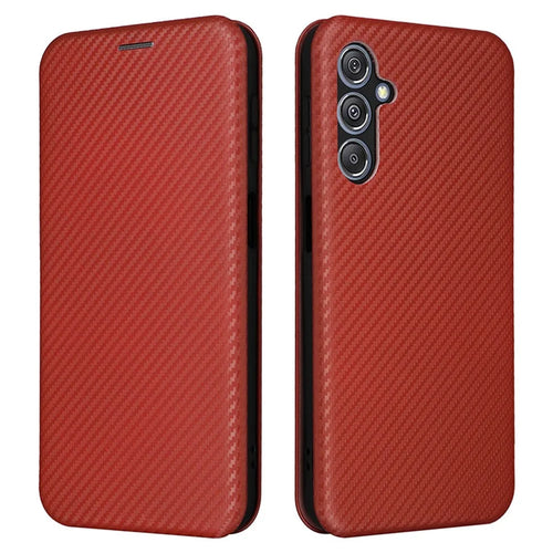 For Samsung Galaxy F34 5G / M34 5G PU Leather Case Carbon Fiber Texture Card Holder Phone Stand Cover - Brown - 1