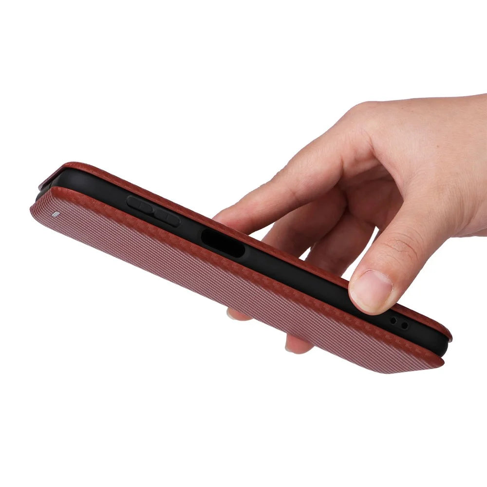 For Samsung Galaxy F34 5G / M34 5G PU Leather Case Carbon Fiber Texture Card Holder Phone Stand Cover - Brown - 5