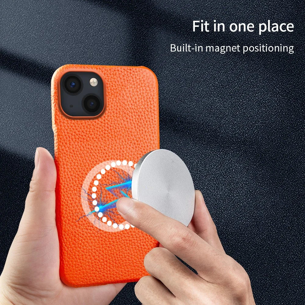 For iPhone 14 Back Cover Genuine Cow Leather+PC Phone Guard Case Compatible with MagSafe - Black - 7