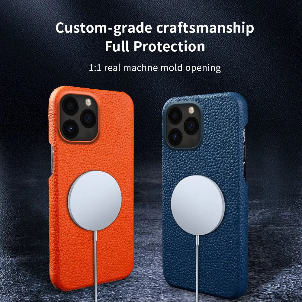 For iPhone 14 Pro Max Incomplete Cover Microfiber Lining Magnetic Phone Case Genuine Cow Leather Coated PC Shell - Black - 6