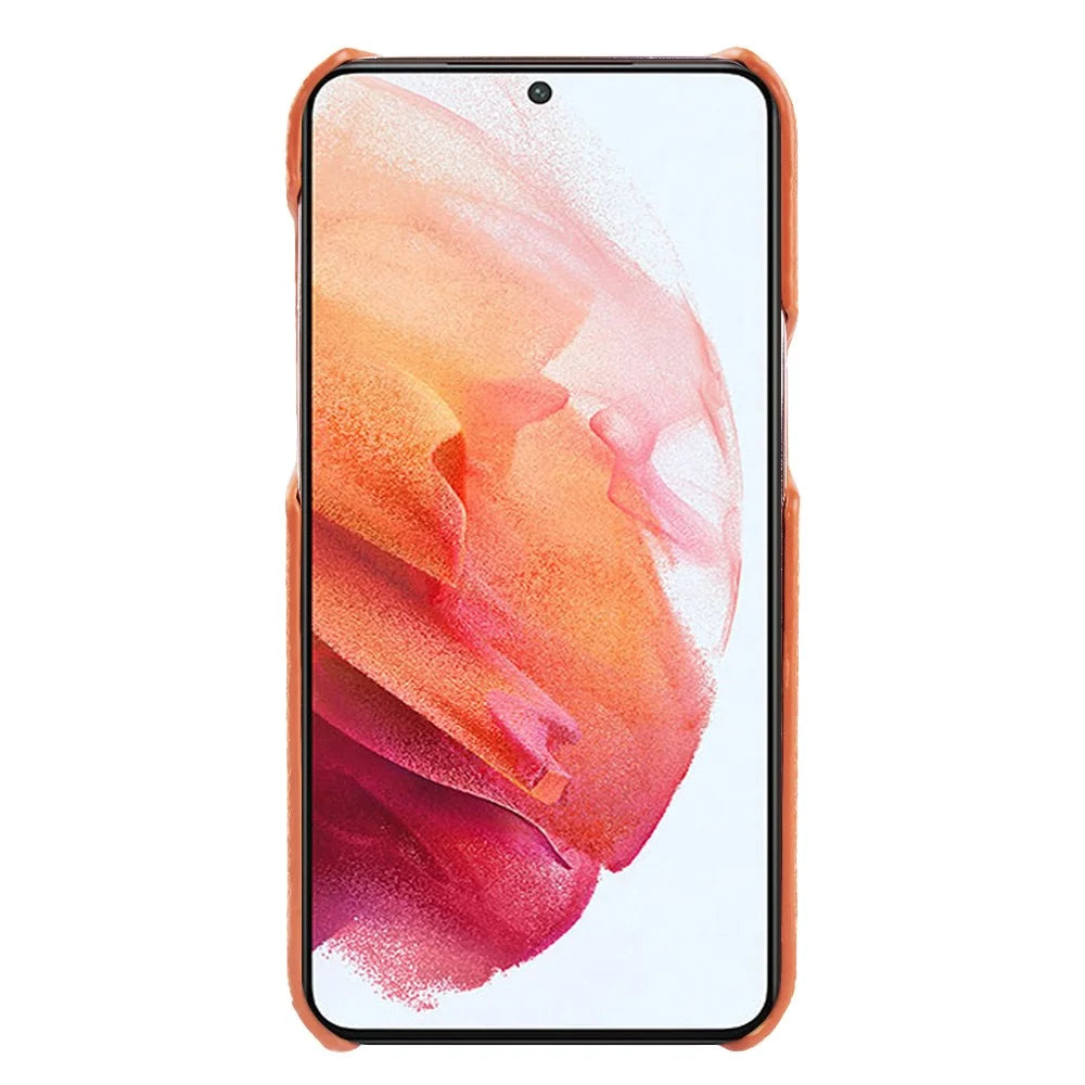 For Samsung Galaxy S21 4G / 5G Magnetic Phone Case Microfiber Lining Genuine Cow Leather Coated PC Shockproof Shell - Orange - 3