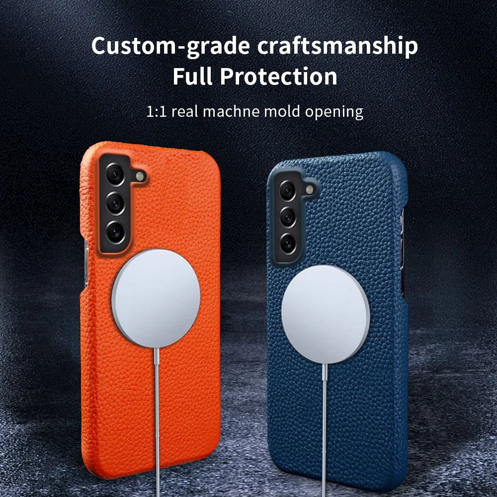 For Samsung Galaxy S21 4G / 5G Magnetic Phone Case Microfiber Lining Genuine Cow Leather Coated PC Shockproof Shell - Orange - 4