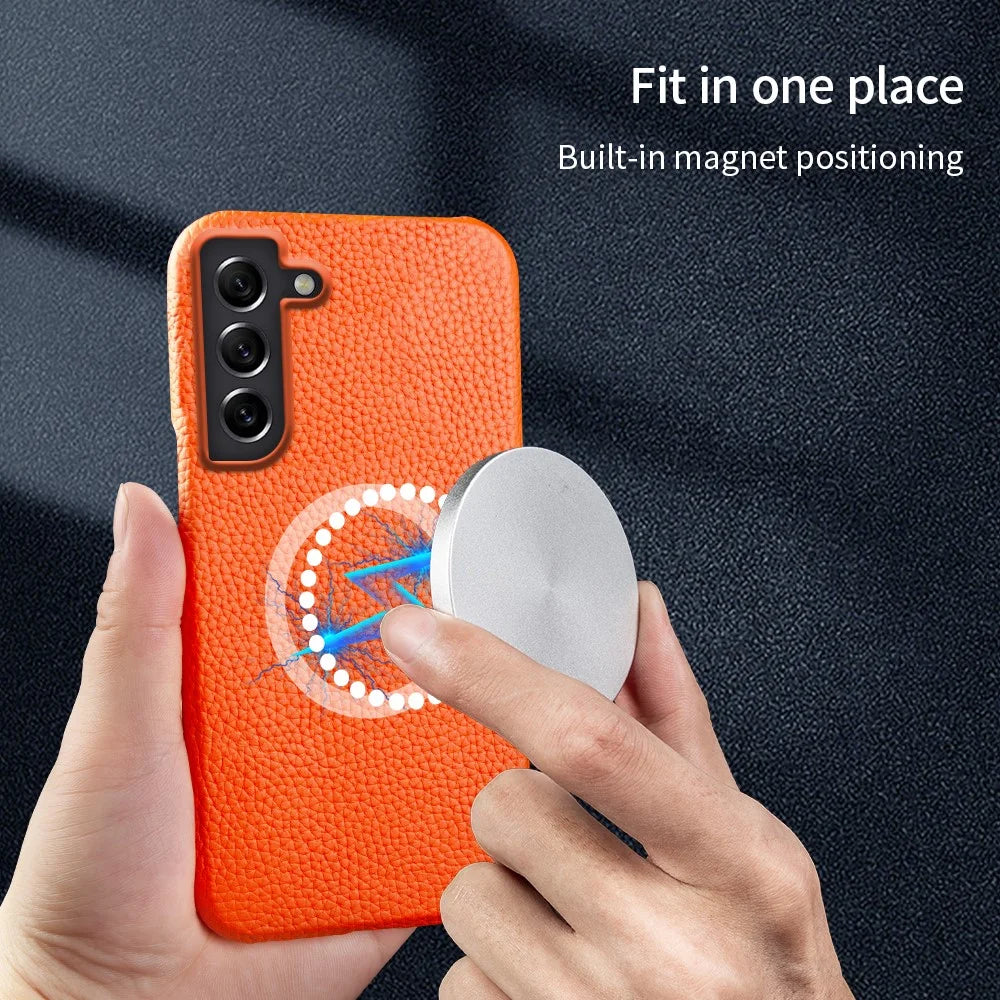 For Samsung Galaxy S21 4G / 5G Magnetic Phone Case Microfiber Lining Genuine Cow Leather Coated PC Shockproof Shell - Orange - 5