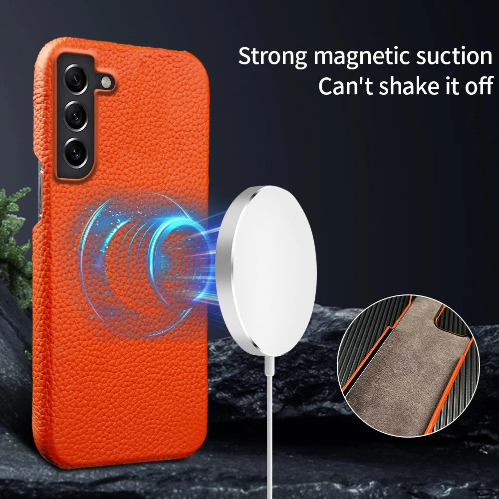 For Samsung Galaxy S21 4G / 5G Magnetic Phone Case Microfiber Lining Genuine Cow Leather Coated PC Shockproof Shell - Orange - 7