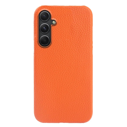 For Samsung Galaxy A54 5G Shock-absorbing Phone Case Genuine Cow Leather Coated PC Shell - Orange - 1
