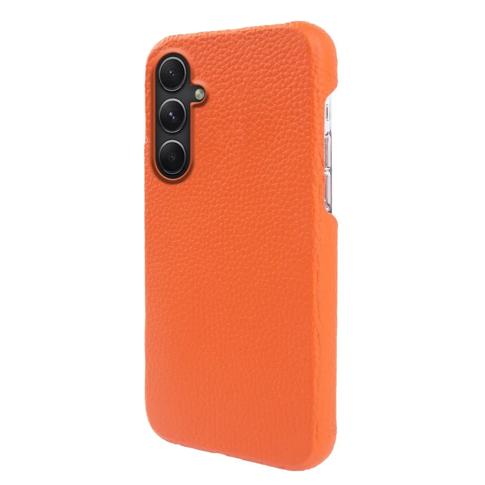 For Samsung Galaxy A54 5G Shock-absorbing Phone Case Genuine Cow Leather Coated PC Shell - Orange - 2