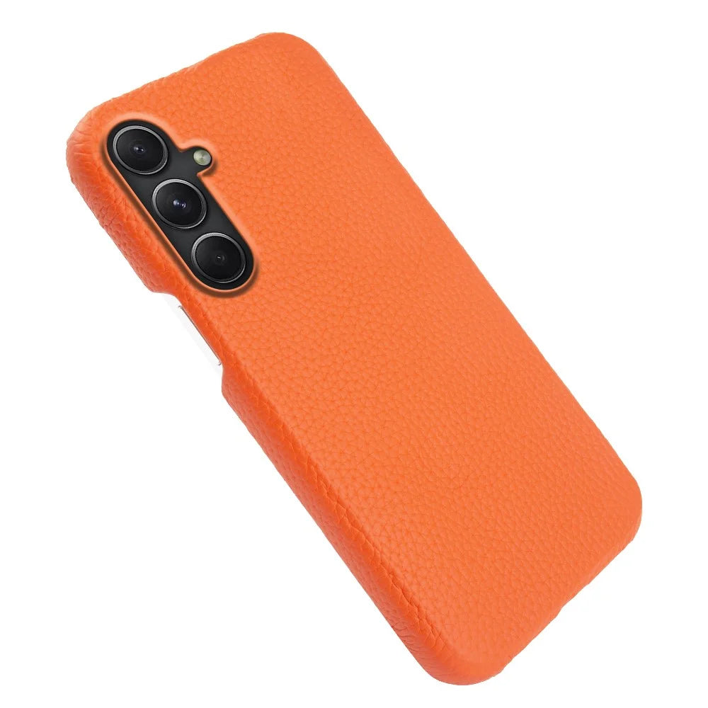 For Samsung Galaxy A54 5G Shock-absorbing Phone Case Genuine Cow Leather Coated PC Shell - Orange - 4