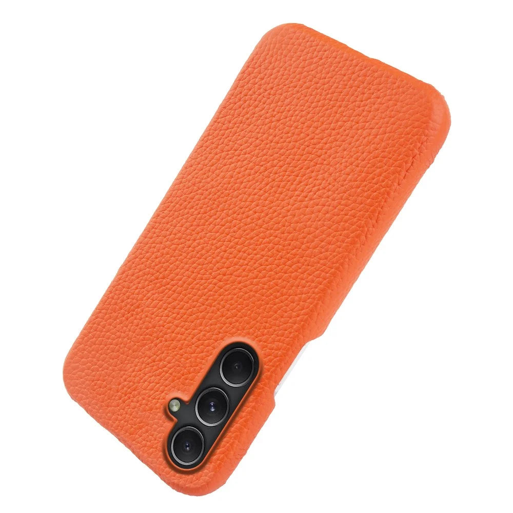 For Samsung Galaxy A54 5G Shock-absorbing Phone Case Genuine Cow Leather Coated PC Shell - Orange - 5
