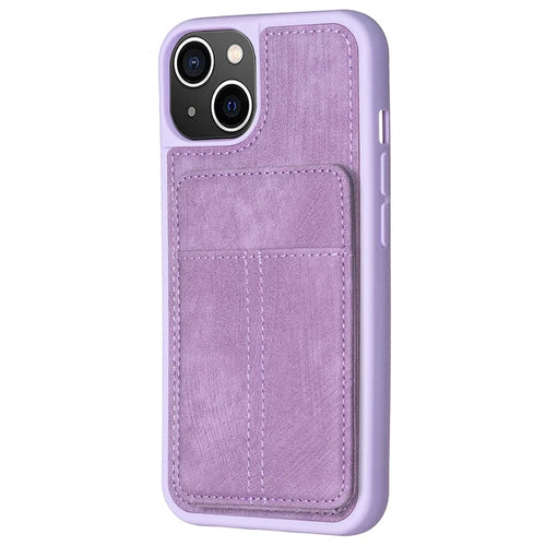 BF28 For iPhone 15 Kickstand Case Matte PU Leather Coated TPU Phone Cover with Card Holder - Purple - 1