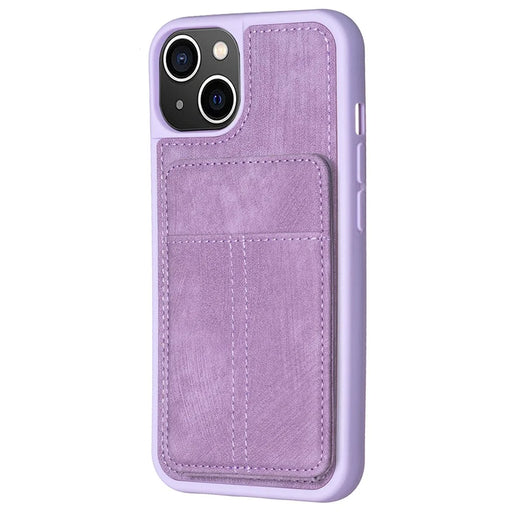 BF28 For iPhone 15 Kickstand Case Matte PU Leather Coated TPU Phone Cover with Card Holder - Purple - 1