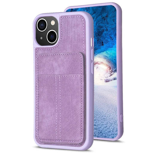BF28 For iPhone 15 Kickstand Case Matte PU Leather Coated TPU Phone Cover with Card Holder - Purple - 2