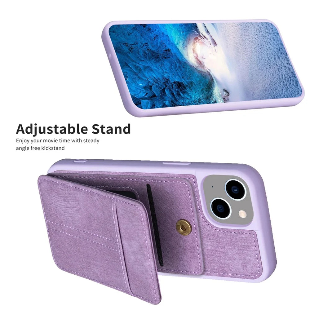 BF28 For iPhone 15 Kickstand Case Matte PU Leather Coated TPU Phone Cover with Card Holder - Purple - 3