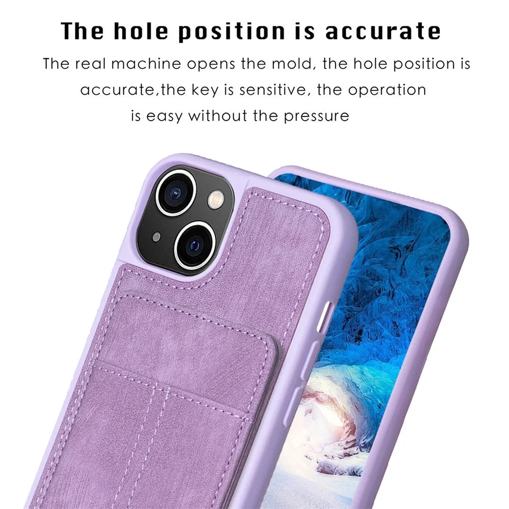 BF28 For iPhone 15 Kickstand Case Matte PU Leather Coated TPU Phone Cover with Card Holder - Purple - 5