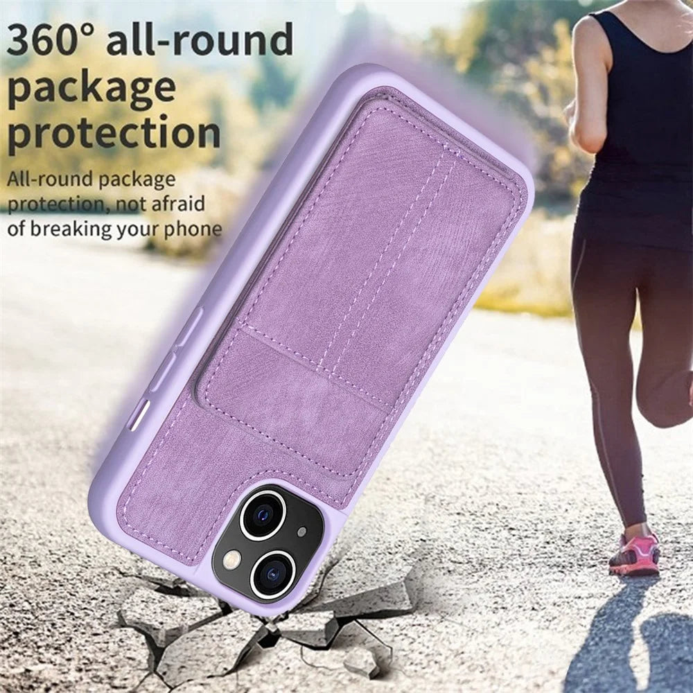 BF28 For iPhone 15 Kickstand Case Matte PU Leather Coated TPU Phone Cover with Card Holder - Purple - 6