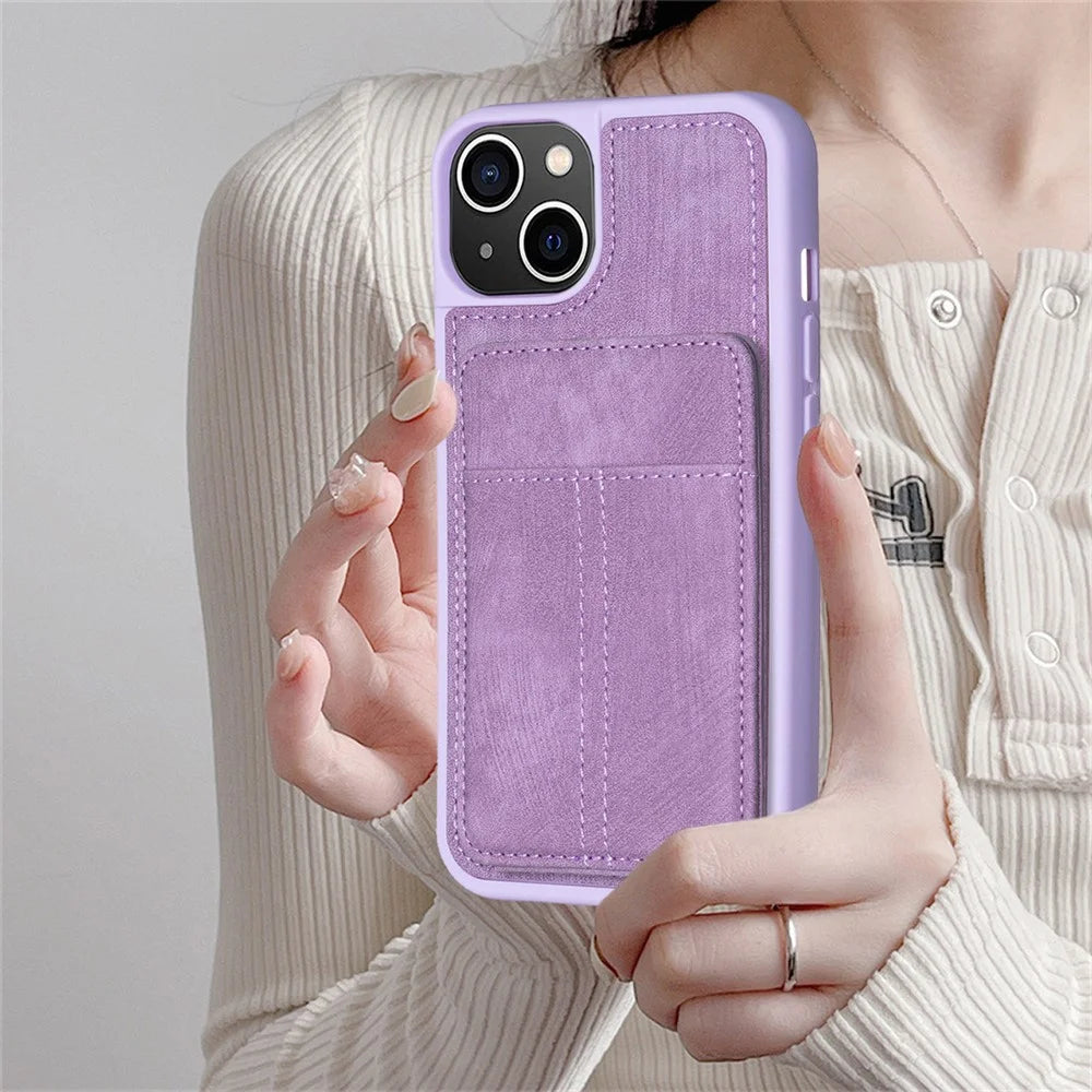 BF28 For iPhone 15 Kickstand Case Matte PU Leather Coated TPU Phone Cover with Card Holder - Purple - 7