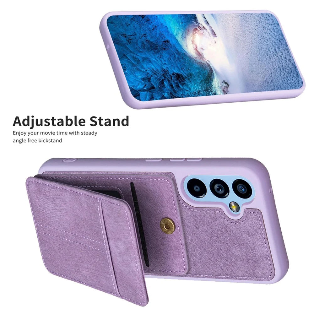 BF28 For Samsung Galaxy A14 5G / A14 4G Card Slots Matte PU Leather Coated TPU Phone Cover Shockproof Kickstand Case - Purple - 3