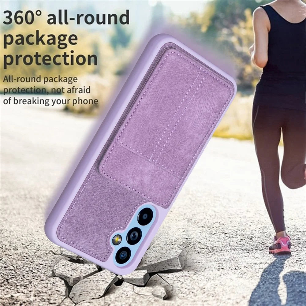 BF28 For Samsung Galaxy A14 5G / A14 4G Card Slots Matte PU Leather Coated TPU Phone Cover Shockproof Kickstand Case - Purple - 6